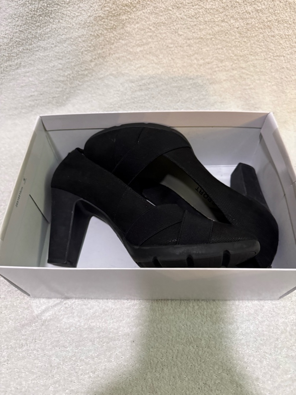 Anne Klein Sport Black Block Heel Pumps with Elastic Crossover Straps